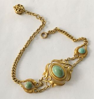 Antique Art Nouveau 14k Link Bracelet With Drop & Turquoise