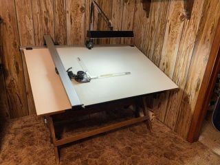 Vintage Antique Anco Bilt Industrial Drafting Table Maple Oak Iron