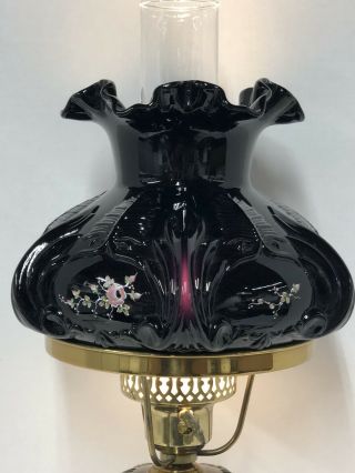 RARE VINTAGE FENTON BLACK AMETHYST GLASS HAND PAINTED ROSES ARTIST SIGNED LAMP 2