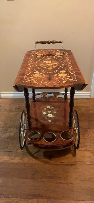 Vintage Rolling Bar Marquetry Inlay Trolly Drink Cart ITALY 4