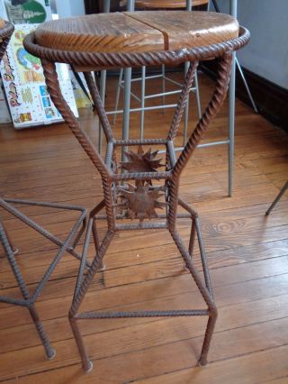 2 Vintage Custom Rebar Bar Stools Round Seat Chair Wooden Furniture Pair 32 