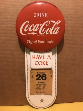 Rare Vintage 1950’s Coca Cola Soda Pop Button Calendar Pad Holder 20 " Metal Sign