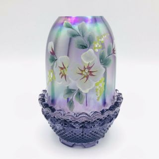 Vtg Fenton 2 Pc Purple Carnival Glass Hand Painted Floral Flowers Fairy Lamp