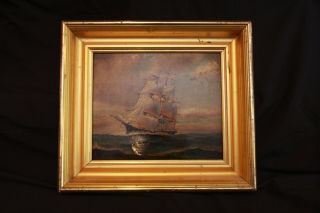 Vintage Antique Maritime Seascape Ship Boat Oil On Board Painting Signed Chaney