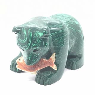 Large 3 Lbs.  Natural Malachite Bear Carving With Fish VTG Hand Carved Gemstone 2