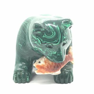 Large 3 Lbs.  Natural Malachite Bear Carving With Fish VTG Hand Carved Gemstone 3