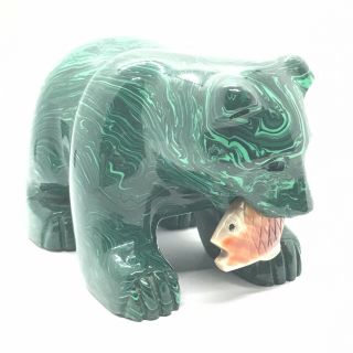 Large 3 Lbs.  Natural Malachite Bear Carving With Fish VTG Hand Carved Gemstone 4
