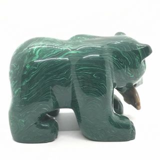 Large 3 Lbs.  Natural Malachite Bear Carving With Fish VTG Hand Carved Gemstone 5