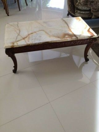 Antique Vintage Carved Wood French Italian Coffee Table Marble Cocktail