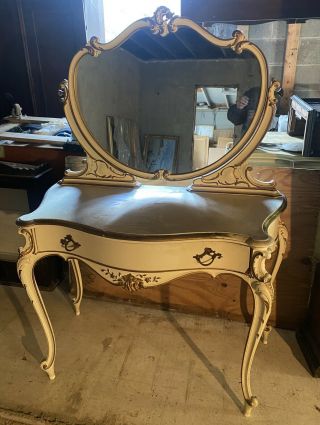 Vintage French Style Carved White Painted Vanity Table Mirror Dressing Table