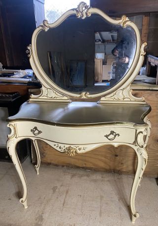 Vintage French Style Carved White Painted Vanity Table Mirror Dressing Table 2