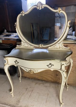 Vintage French Style Carved White Painted Vanity Table Mirror Dressing Table 3
