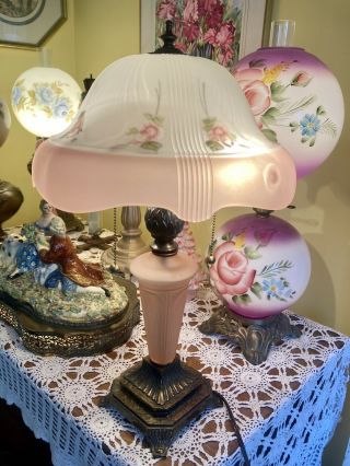 Vintage Signed Table Lamp Reverse Painted Frosted Pink Glass