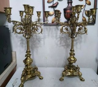 Vintage Ornate Brass Candle Candelabras Art Nouveau Deco Solid 1800s
