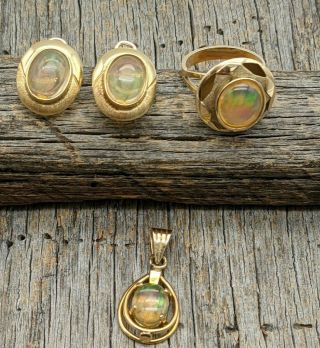 Stunning Vintage 14k Yellow Gold Jelly Opal Ring Earrings Pendant Set Sz 7