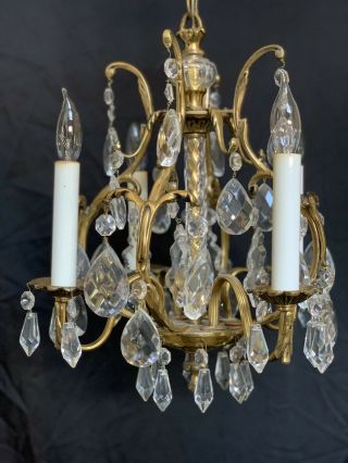 Antique Vintage French Crystal Bronze Brass Birdcage Chandelier Petite 4 Light 4