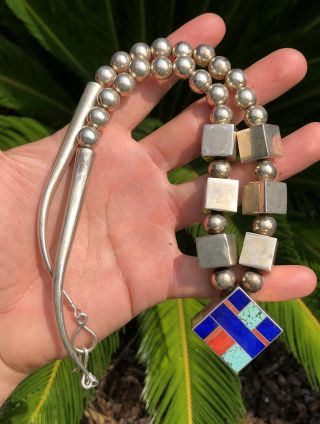 Vtg Ray Tracey Knifewing Navajo Sterling Silver Multi Stone Inlay Cube Necklace
