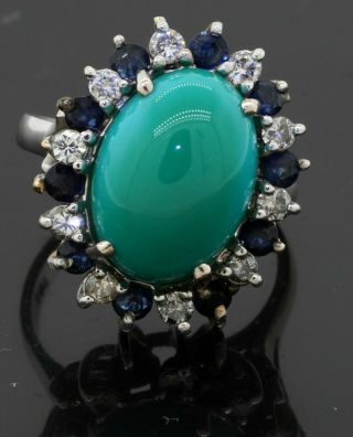 Vintage 14k Wg 1.  20ct Diamond Sapphire & 14 X 10mm Turquoise Ring Size 6.  5