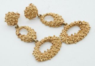 Vintage heavy 14K gold high fashion fancy textured drop dangle earrings 2