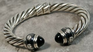 Vintage David Yurman Sterling Silver Black Sapphire Diamond Cable Hinge Bracelet