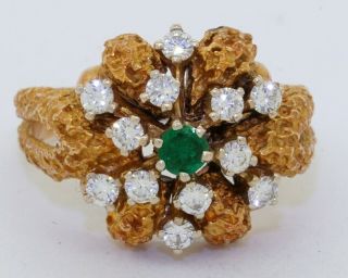 Designer Signed Vintage Heavy 18k Gold.  77ctw Diamond & Emerald Cocktail Ring