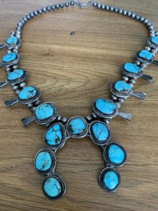 Squash Blossom Navajo Silver And Turquoise Necklace Vintage 25”
