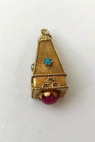 Vintage 18k Yellow Gold Turquoise Etruscan Style Fob Charm Pendant