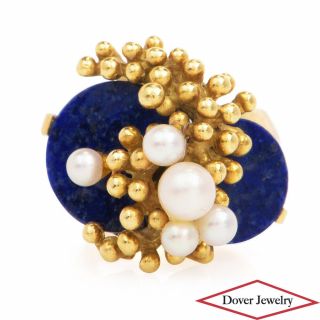 Vintage Pearl Lapis Lazuli 18k Gold Cluster Beaded Cocktail Ring 9.  1 Gr Nr