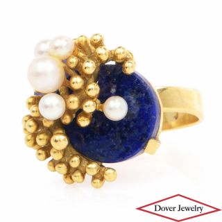 Vintage Pearl Lapis Lazuli 18K Gold Cluster Beaded Cocktail Ring 9.  1 Gr NR 2