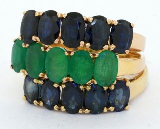 Vintage Heavy 18k Yg 7.  50ct Emerald & Blue Sapphire 3 - Piece Ring Set Size 9