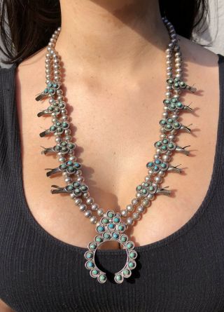 Vtg 1940s Zuni Petit Point Snake Eyes Turquoise Sterling Squash Blossom Necklace