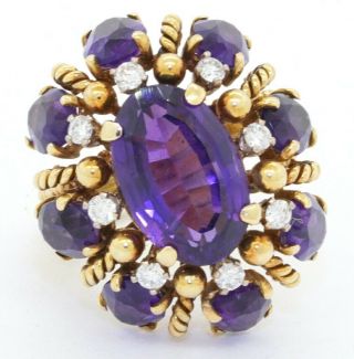 Heavy Vintage 14k Yg 11.  48ct Diamond & Amethyst Cluster Cocktail Ring Size 7