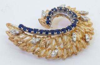 Vintage Heavy 14k Gold 2.  12ctw Vs Diamond & Blue Sapphire Floral Brooch