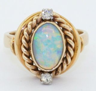 Vintage Heavy 14k Gold 3.  14ctw Diamond & 11 X 7mm Opal Cocktail Ring Size 7.  25
