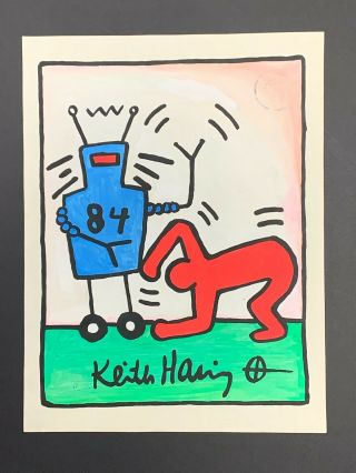 Vintage Keith Haring Signed Pop Art Painting On Paper W Gallery Stamps On Back