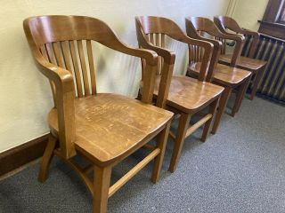 Four Vintage Wood Office Chairs Bankers Desk Courthouse Lawyer Antique Oak 4