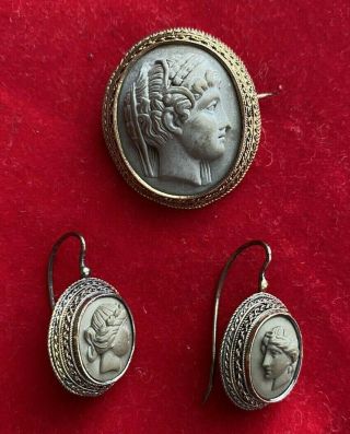 Antique Georgian Victorian 14k Gold Carved Lava Cameo Brooch Earrings Set