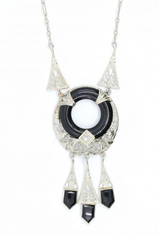 Antique Art Deco Diamond And Black Onyx Filigree 14k White Gold Necklace