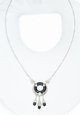 Antique Art Deco Diamond and Black Onyx Filigree 14K White Gold Necklace 2