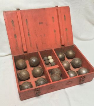 Vintage Metal Petanque Set - Wood Box Boule Boules - Bocce Ball Lawn Bowling
