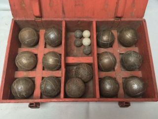 Vintage Metal Petanque Set - Wood Box Boule Boules - Bocce Ball Lawn Bowling 3
