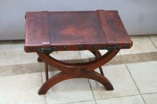Vintage Saddle Seat Stool Handmade real leather forged iron Curule style X Base 3