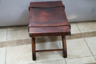Vintage Saddle Seat Stool Handmade real leather forged iron Curule style X Base 4