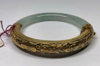 Vintage Gold Washed Silver Moss In Snow Jadeite Jade Chinese Bangle (E) 2