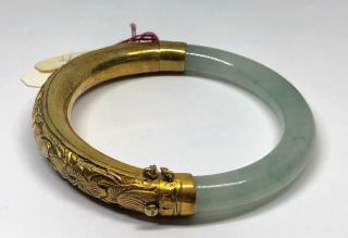 Vintage Gold Washed Silver Moss In Snow Jadeite Jade Chinese Bangle (E) 3