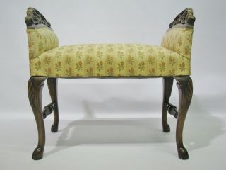 Vintage 1920s - 30s Bench With Carved Arms & Hoof Feet; Upholstery 2