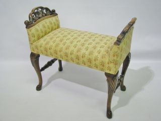 Vintage 1920s - 30s Bench With Carved Arms & Hoof Feet; Upholstery 3