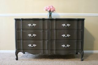 Vintage Dixie French Provincial Style 6 Drawer Dresser Dark Gray Elegant Buffet