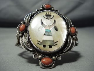 Huge Authentic Vintage Navajo Turquoise Coral Sterling Silver Dancer Bracelet