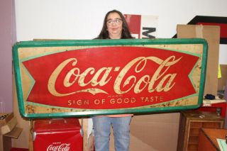Large Vintage C.  1960 Coca Cola Fishtail Soda Pop Gas Station 59 " Metal Sign